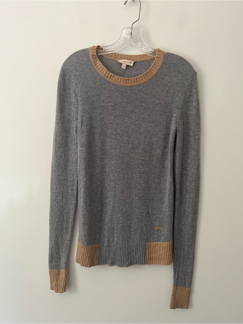 Tory Burch Wool Cashmere Contrast Trim Gray Knit Sweater Logo Quiet Luxury Small
